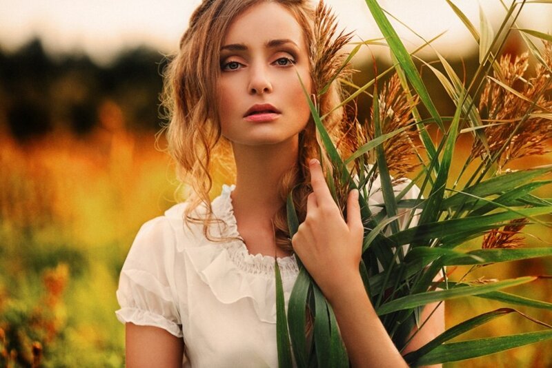 Woman in Field — Green, Serene, Sunset, Photograph, Plants