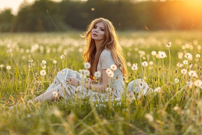 Woman in Field of Dandelions — Green