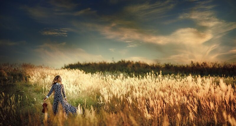 Woman in Field of Grass — Gold, Serene