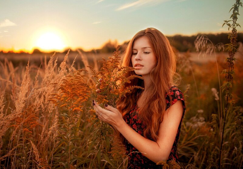 Woman in Field — Orange, Serene