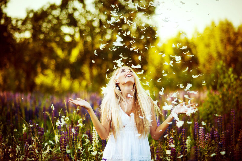 Woman in Field — White, Joyful