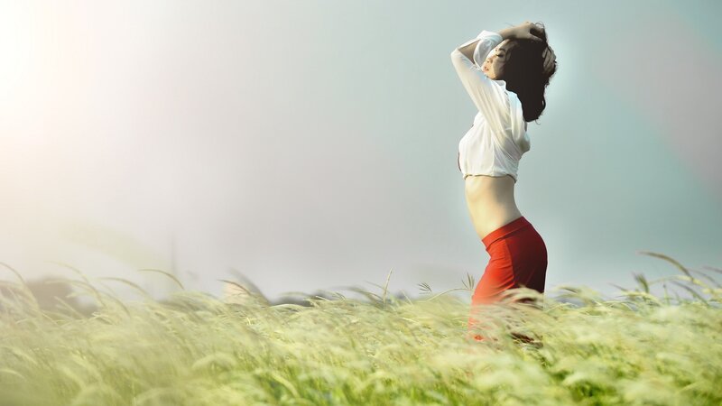 Woman in Field — White, Serene, Afternoon, Photograph, Grass, Sky