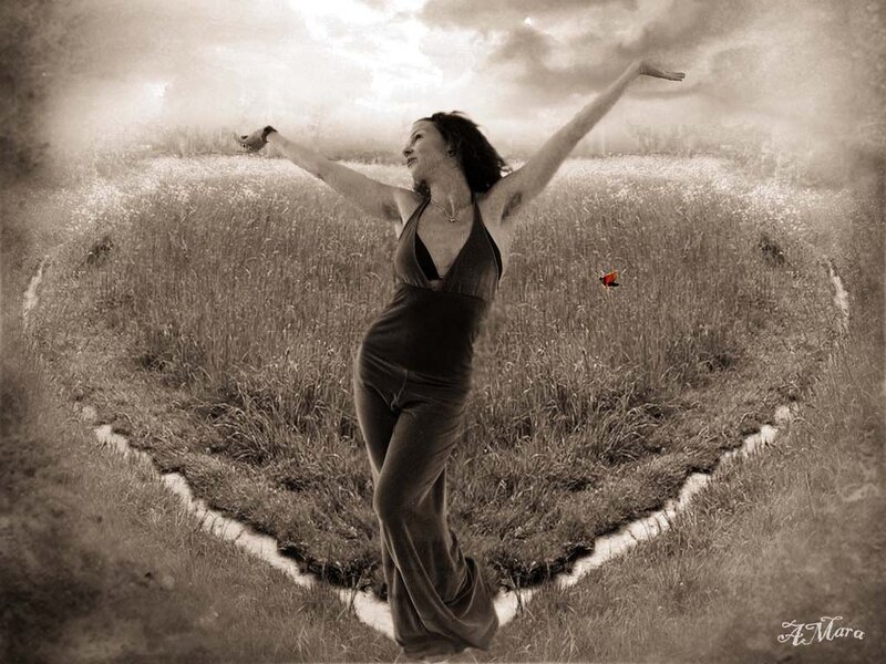 Woman in Field with Arms Raised — Brown