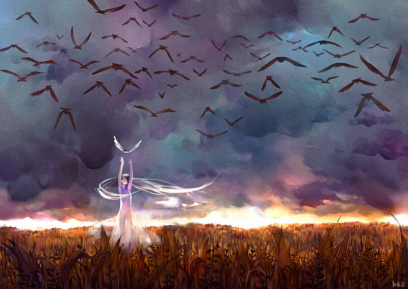 Woman in Field with Birds