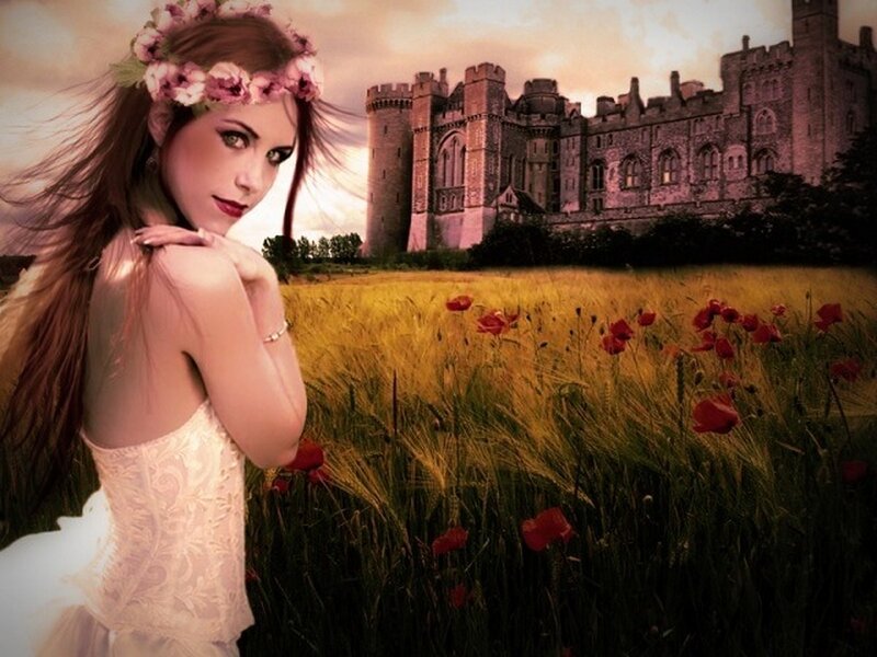 Woman in Field with Castle — Yellow