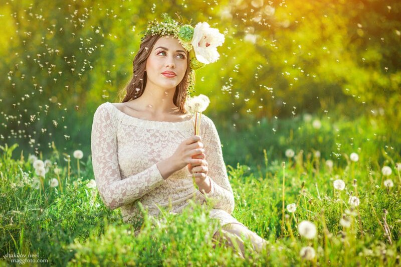 Woman in Field with Dandelion — Green