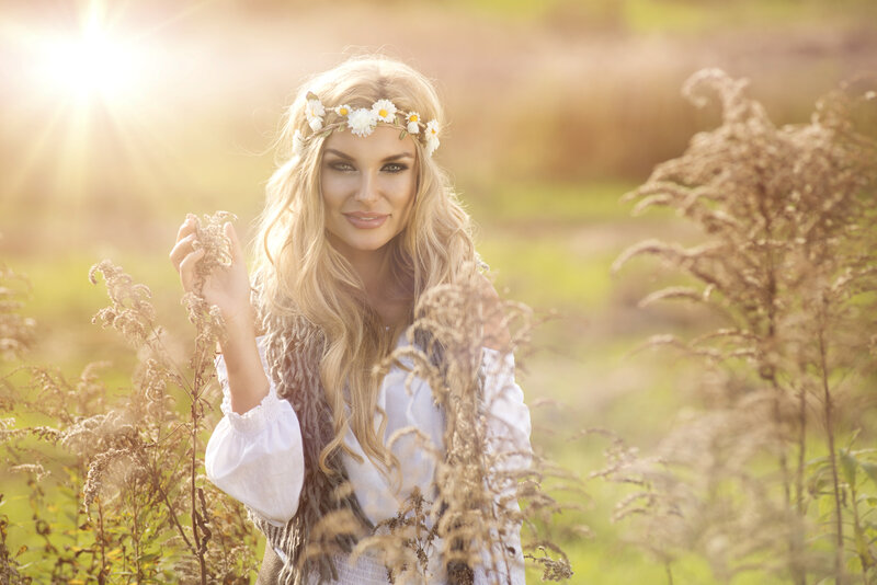 Woman in Field with Flower Crown — White