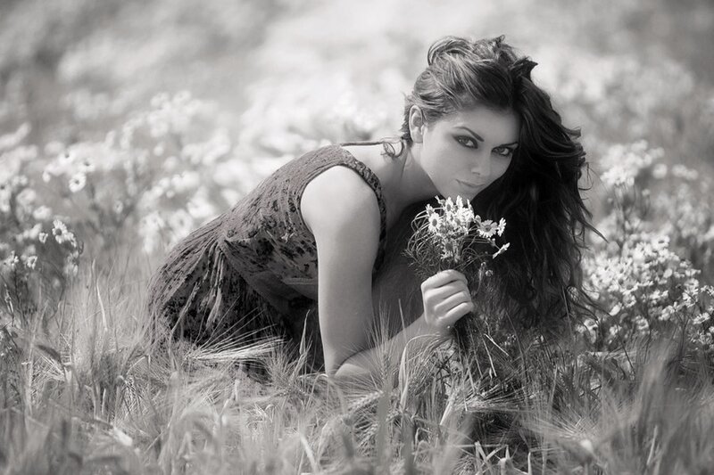 Woman in Field with Flowers — Black