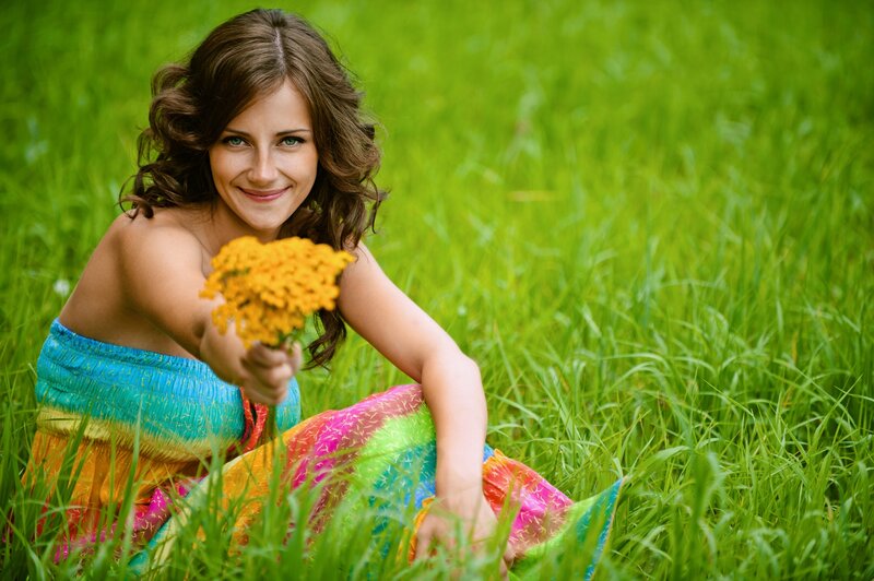 Woman in Field with Flowers — Green, Peaceful