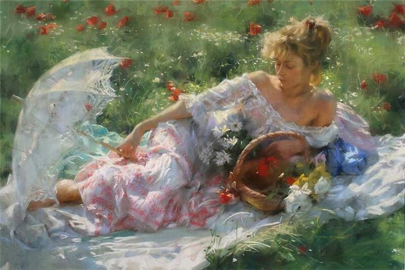Woman in Field with Flowers — Green, Serene, Afternoon