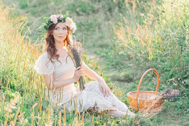 Woman in Field with Flowers — White, Serene, Afternoon