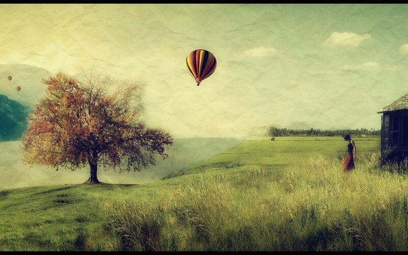 Woman in Field with Hot Air Balloon — Green