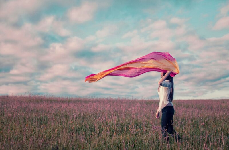 Woman in Field with Scarf — Pink