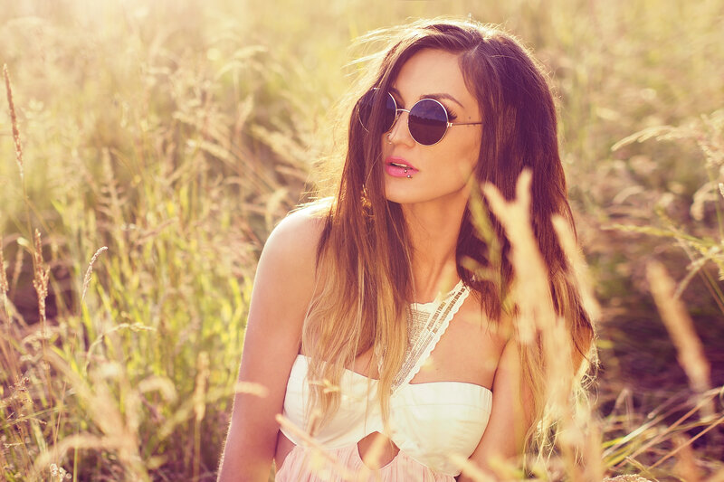 Woman in Field with Sunglasses — White