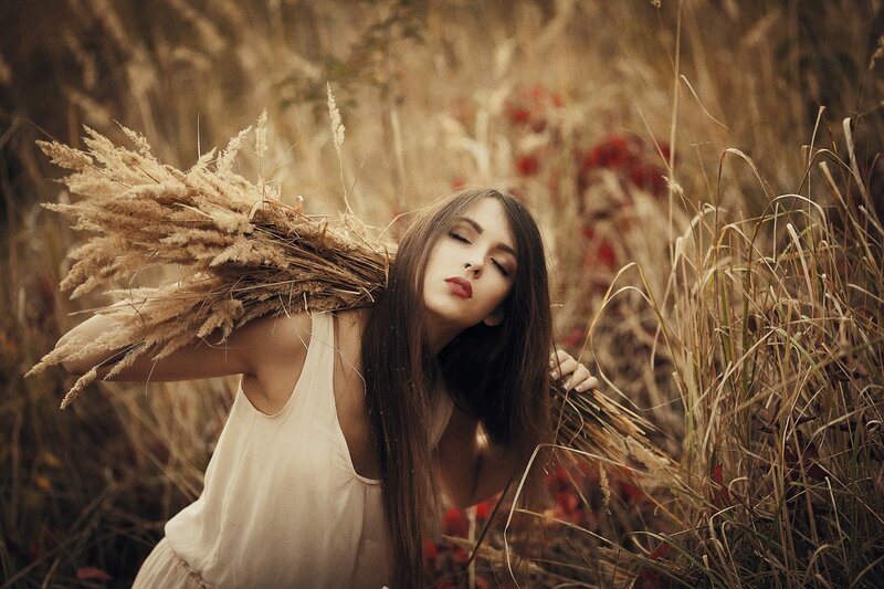 Woman in Field with Wheat — Brown