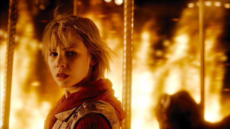 woman in fiery background