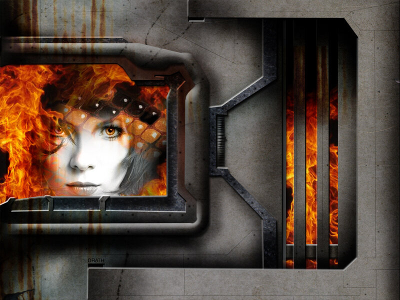 woman in fiery digital frame
