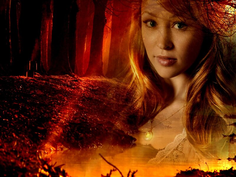 woman in fiery forest