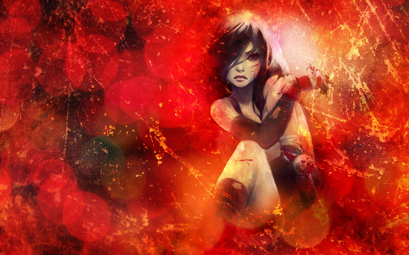 woman in fiery red background