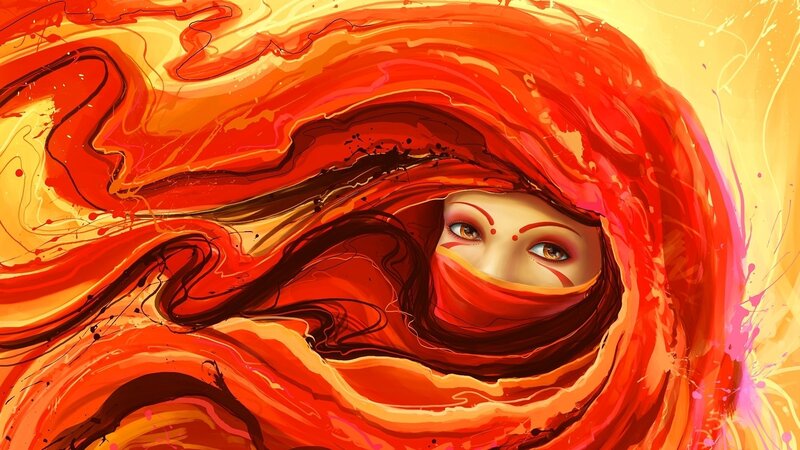 woman in fiery red veil