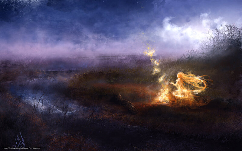 woman in fire on a dark field