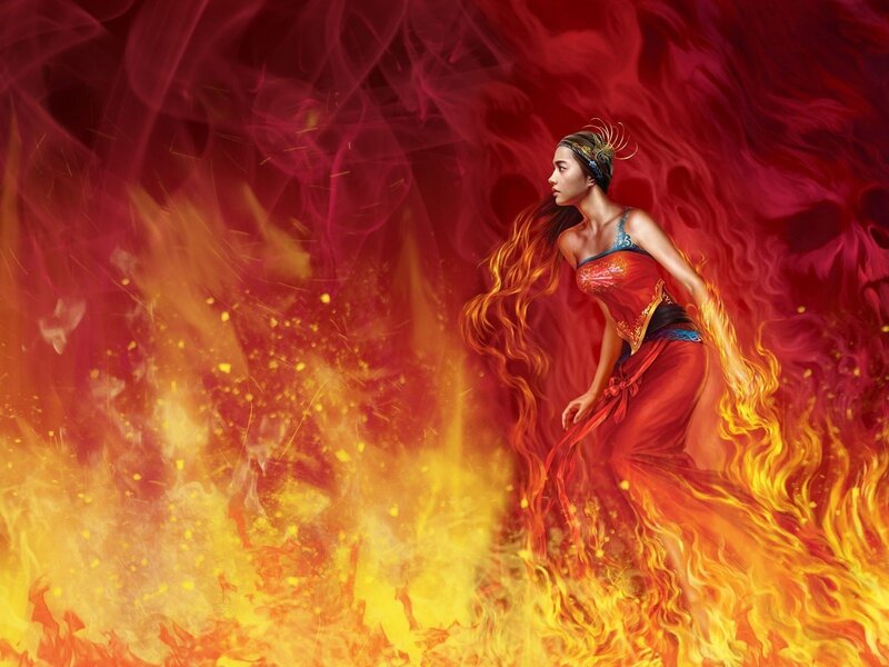 Woman in Fire — Red, Dramatic, Digital Art, Flames