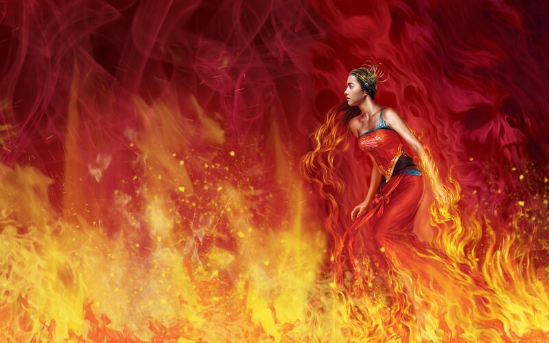 Woman in Fire — Red, Dramatic, Digital Art