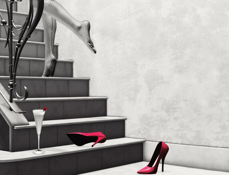 Woman in Fishnet Stockings — Black, Dramatic, Digital Art, Stairs