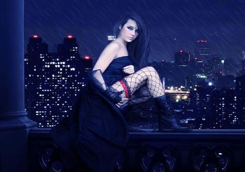 Woman in Fishnet Stockings — Blue, Dramatic, Night