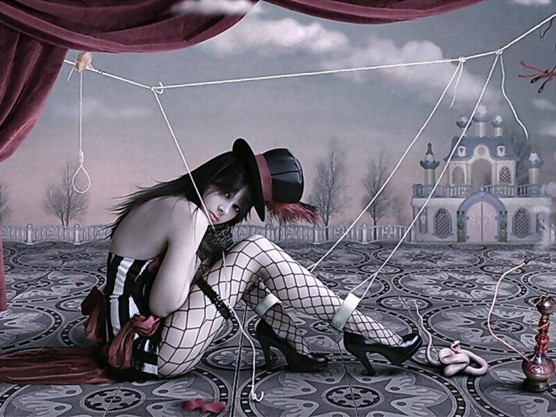 Woman in Fishnet Stockings — Gray, Dramatic