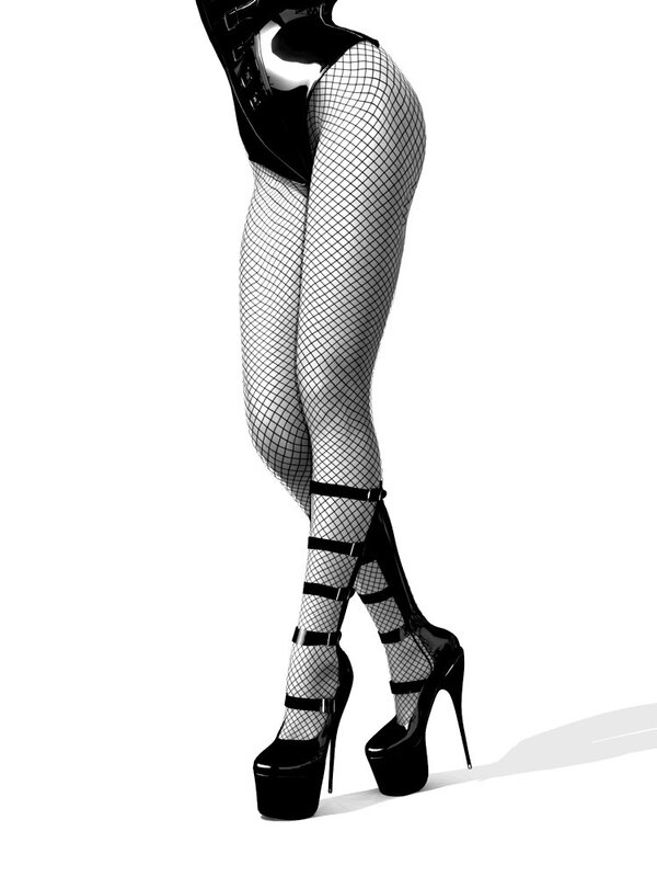 woman in fishnet tights and high heels