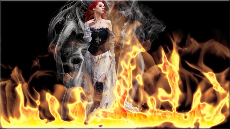 Woman in Flames — Black, Dramatic, Digital Art, Fire