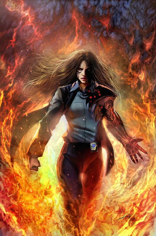 woman in flames with cybernetic arm
