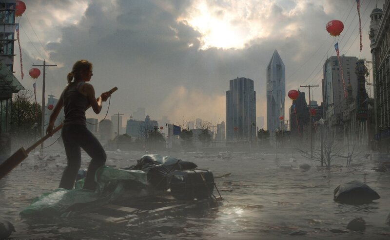 woman in flooded city