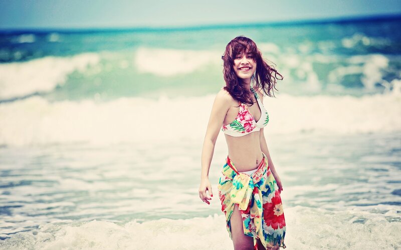 Woman in Floral Bikini — Blue, Relaxed, Afternoon, Photograph, Ocean