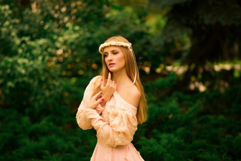 Woman in Floral Crown — Green, Serene, Afternoon