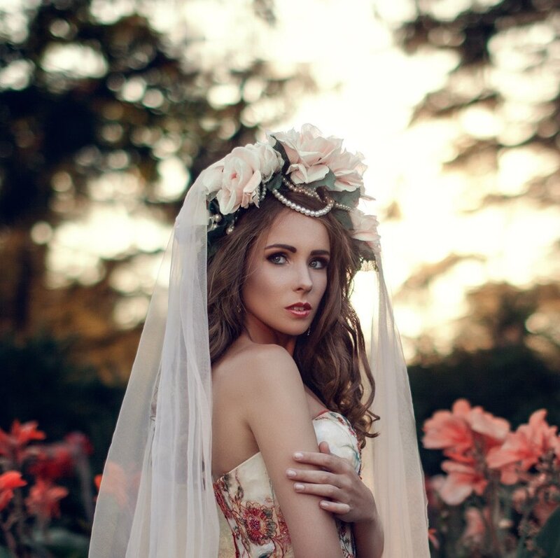 Woman in Floral Crown — White, Dramatic, Sunset