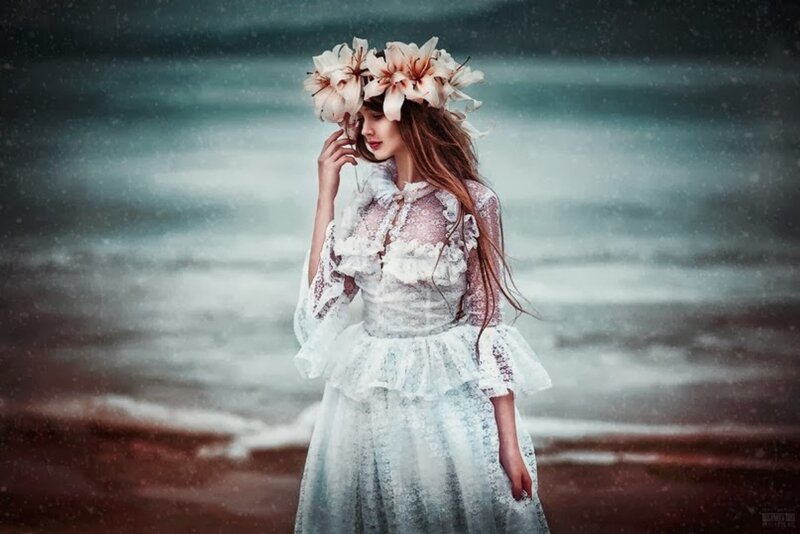 Woman in Floral Crown — White, Dramatic