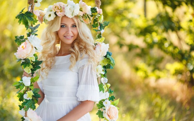 Woman in Floral Crown — White, Serene, Afternoon, Photograph, Flower Crown, White Dress