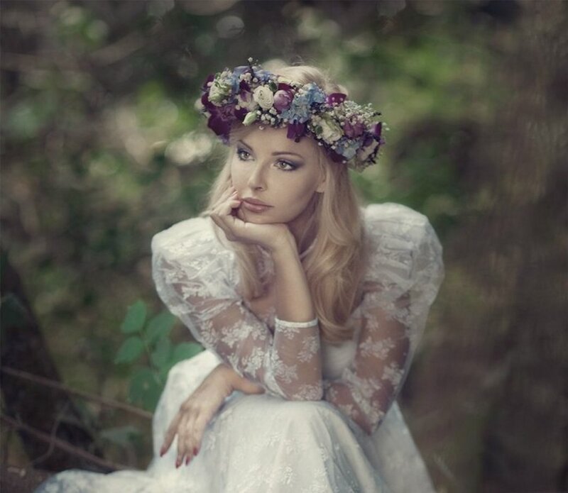 Woman in Floral Crown — White, Serene, Photograph