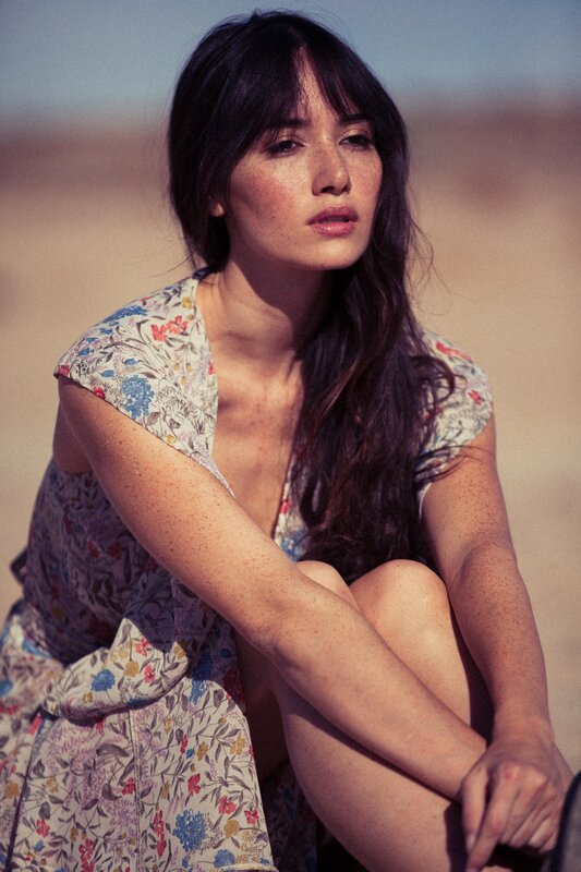 Woman in Floral Dress — Beige, Contemplative