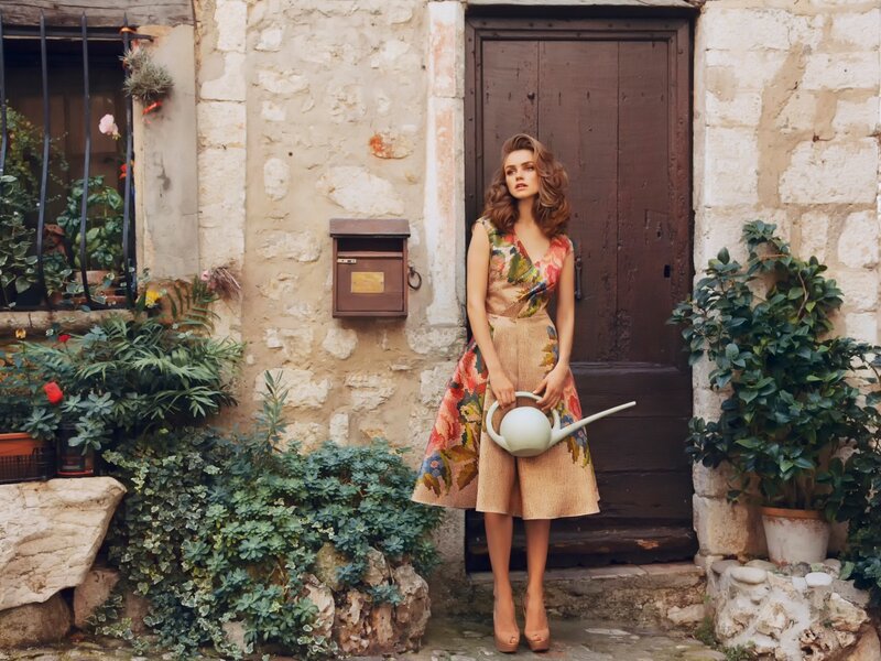 Woman in Floral Dress — Beige, Serene, Afternoon, Photograph, Door