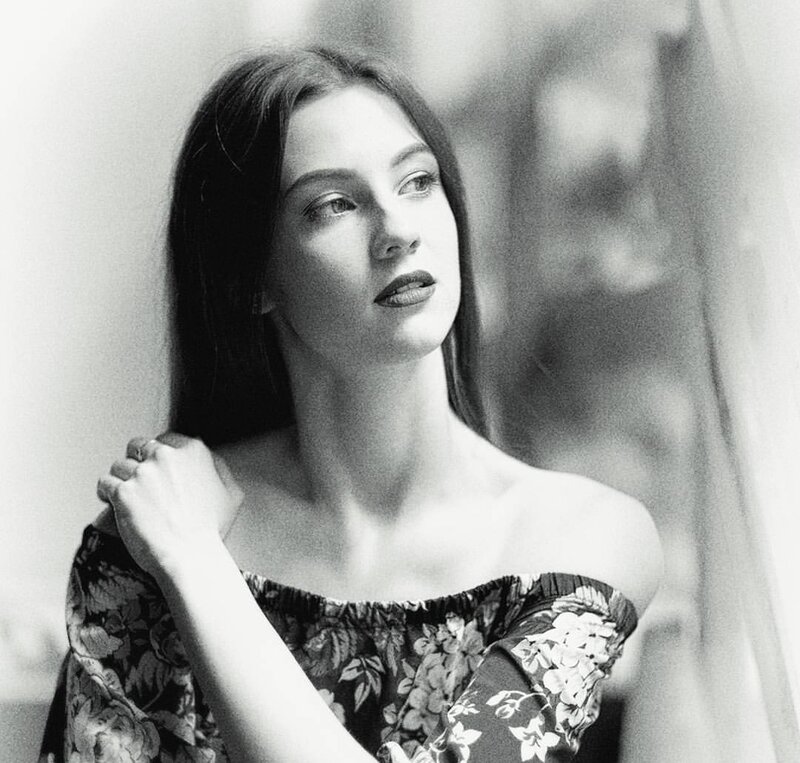 Woman in Floral Dress — Black, Contemplative
