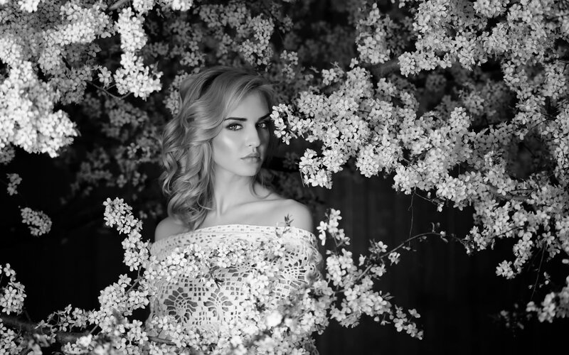 Woman in Floral Dress — Black, Dramatic, Spring