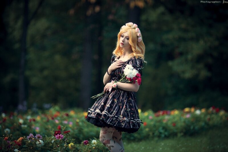 Woman in Floral Dress — Black, Serene, Afternoon, Photograph, Flowers