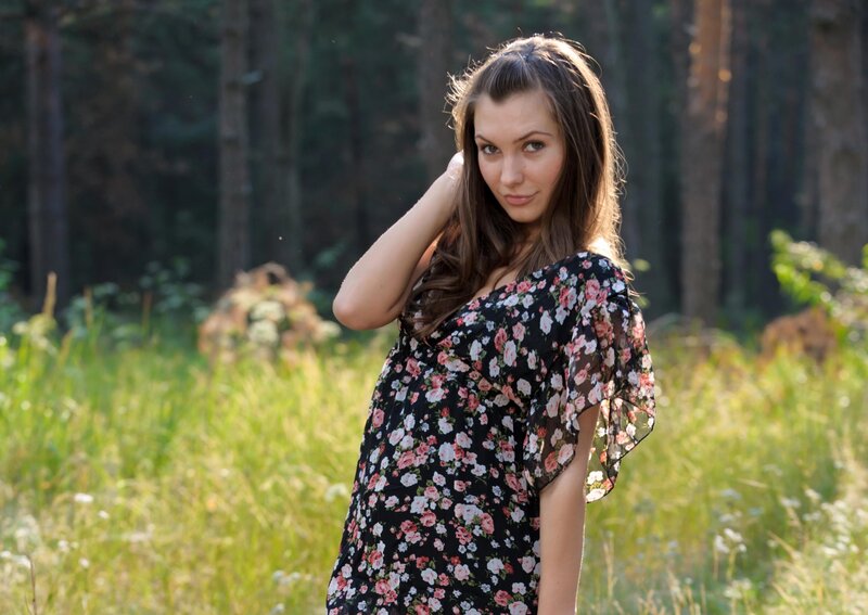 Woman in Floral Dress — Black, Serene, Afternoon, Photograph, Forest
