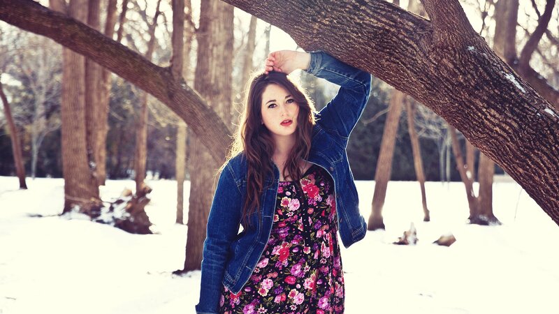 Woman in Floral Dress — Black, Serene, Winter