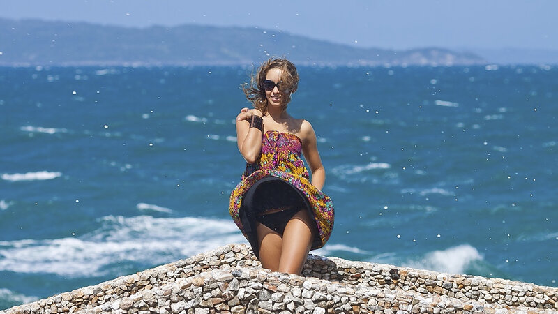 Woman in Floral Dress — Blue, Bright, Afternoon