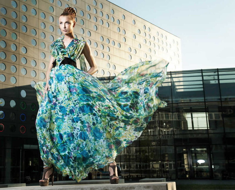Woman in Floral Dress — Blue, Dramatic, Afternoon, Photograph, Building