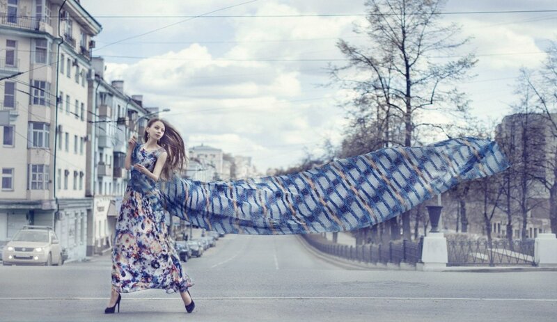 Woman in Floral Dress — Blue, Dramatic, Spring